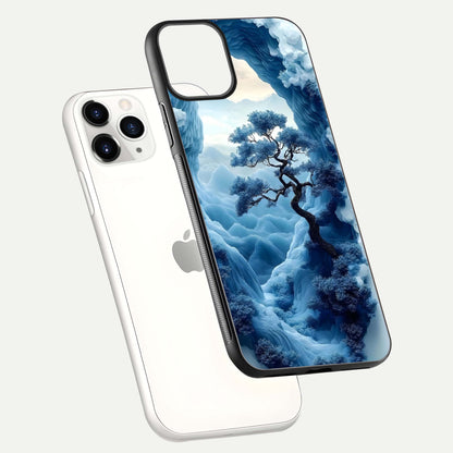 Frozen Serenity Gate Glass Case for iPhone 11 Pro floating mockup showing glossy depth and crystal glow