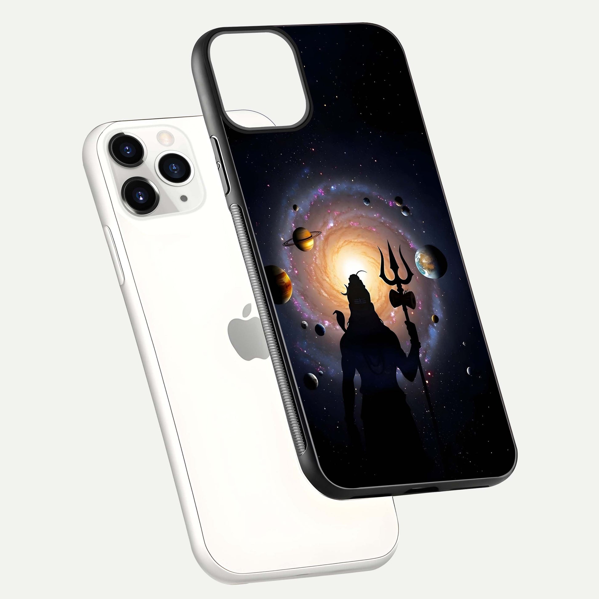 Galactic Shiva Vision Glass Case for iPhone 11 Pro floating dual-view mockup displaying vibrant cosmic colors and smooth gloss texture