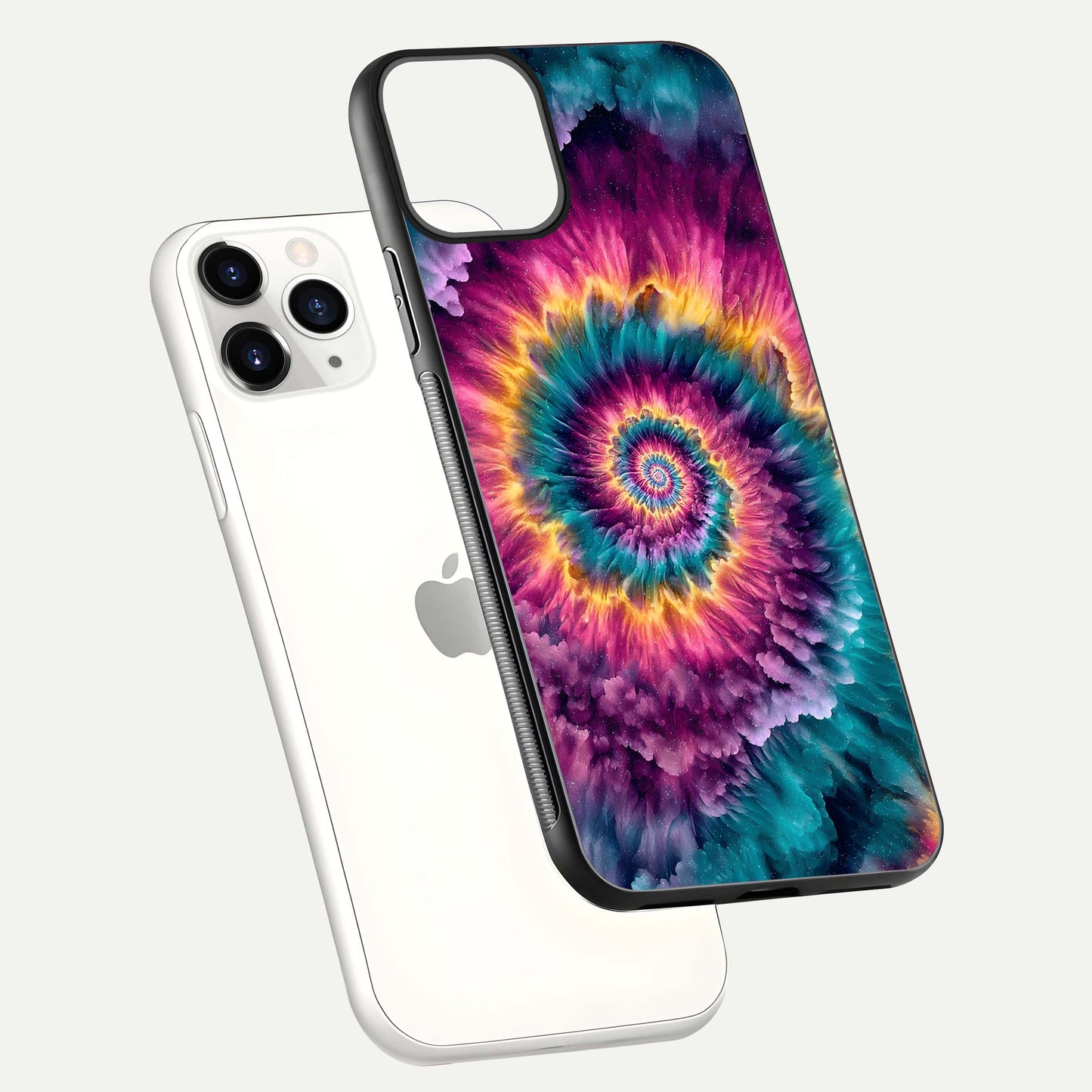 Galactic Spiral Burst Glass Case for iPhone 11 Pro floating dual-view mockup displaying light trails and smooth gloss shine