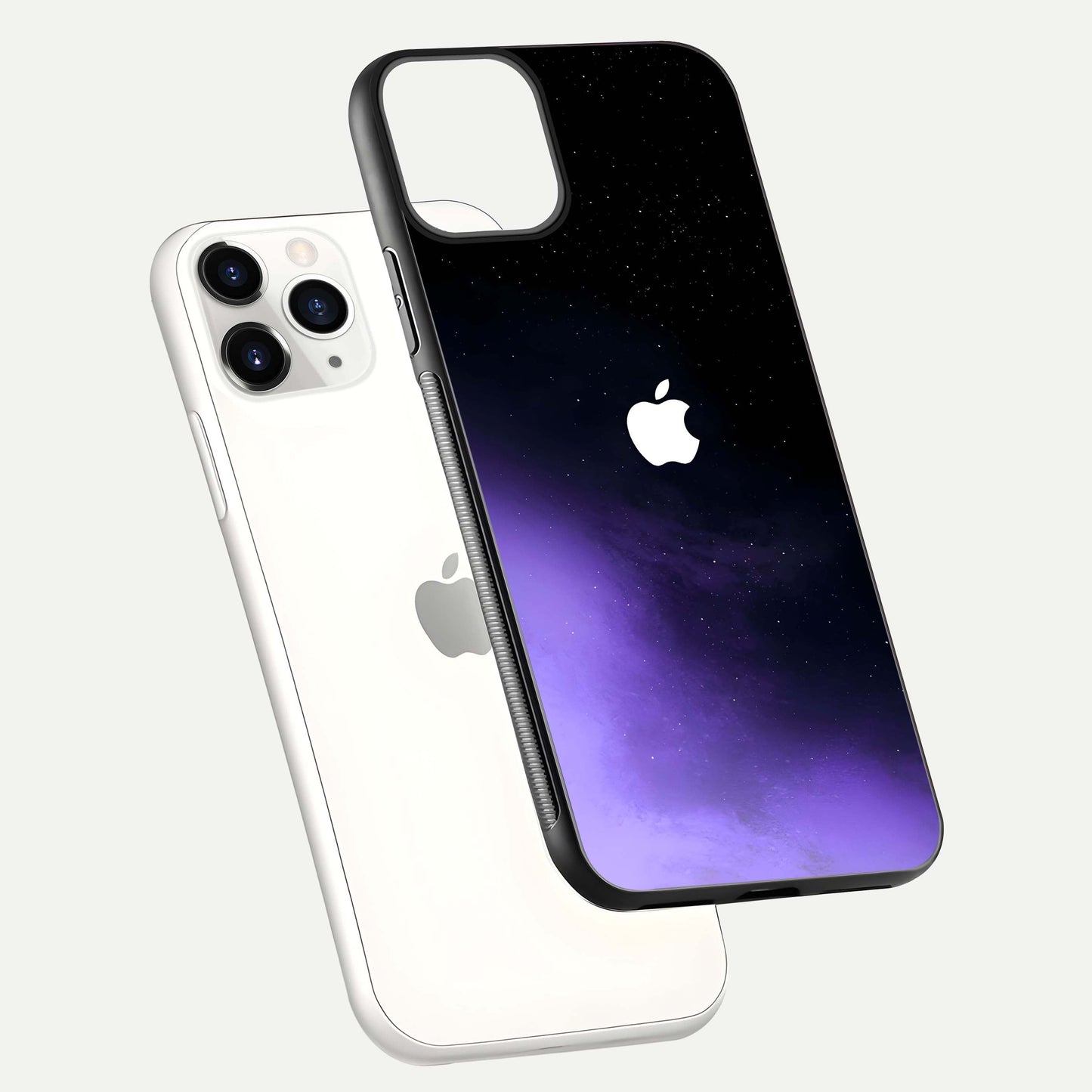 Galaxy Apple Aura Glass Case for iPhone 11 Pro floating dual-view mockup highlighting HD gloss and deep space color blend