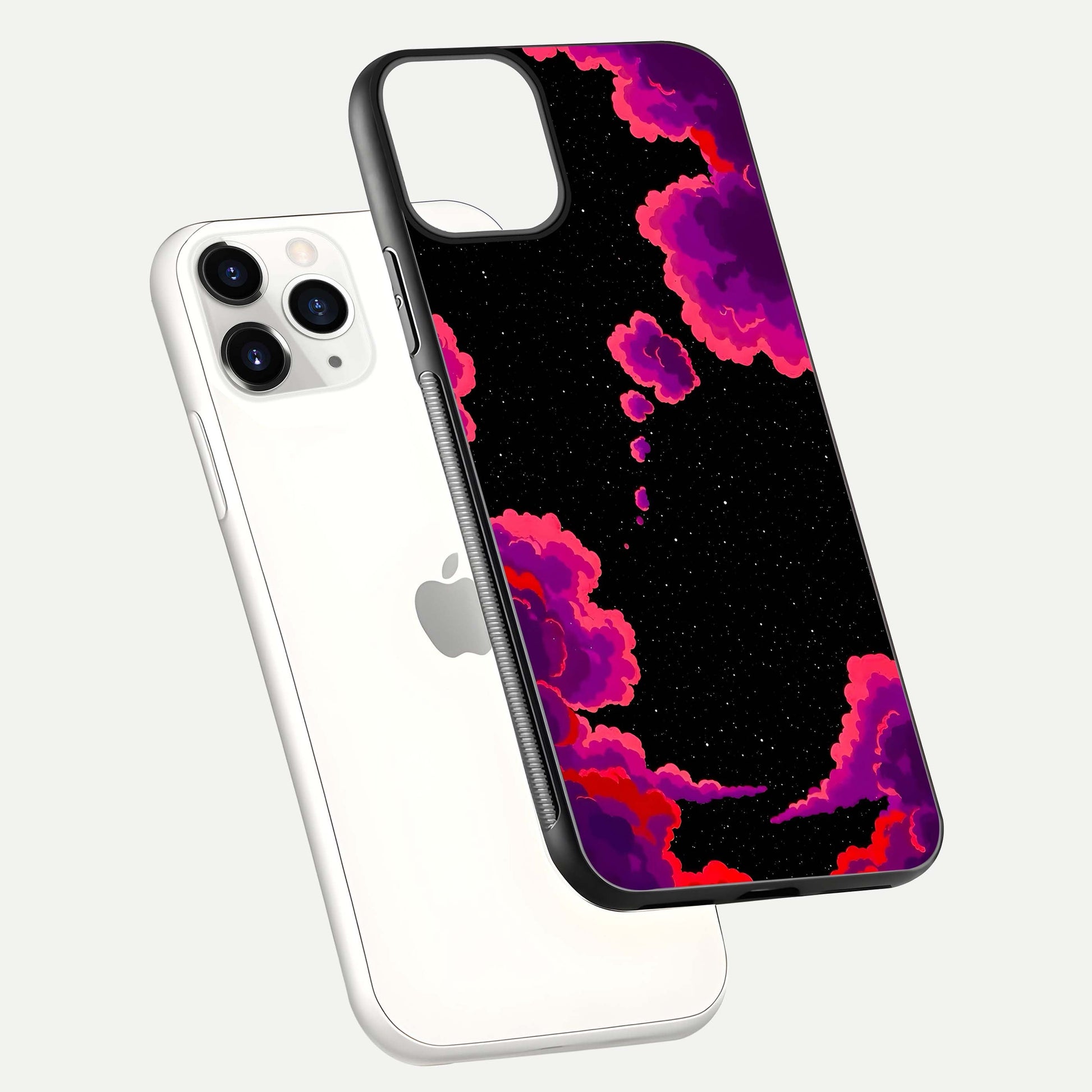 Galaxy Dream Frame Glass Case for iPhone 11 Pro floating dual-view mockup showing vibrant gloss and space-themed tones