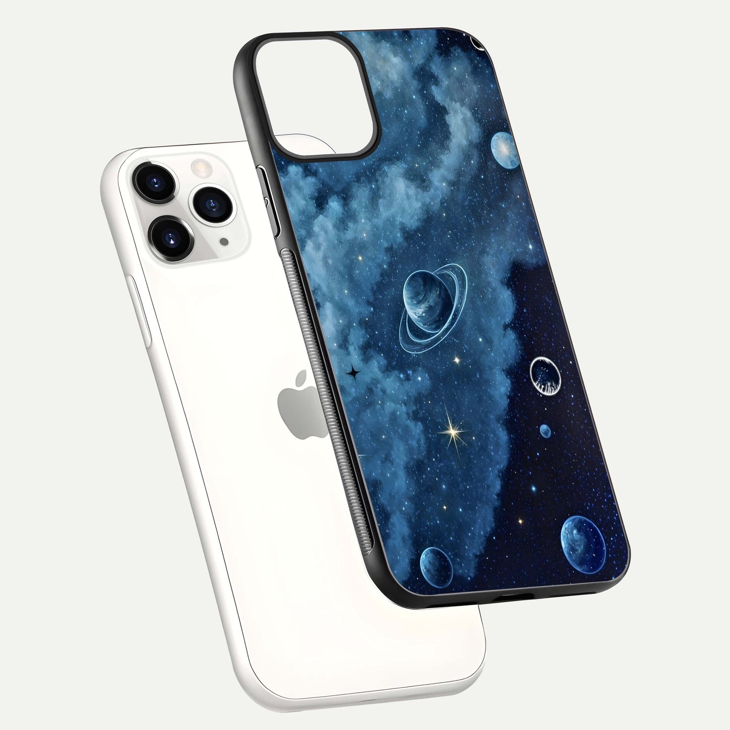 Galaxy Dream Space Glass Case for iPhone 11 Pro floating dual-view mockup showing glossy finish and celestial depth