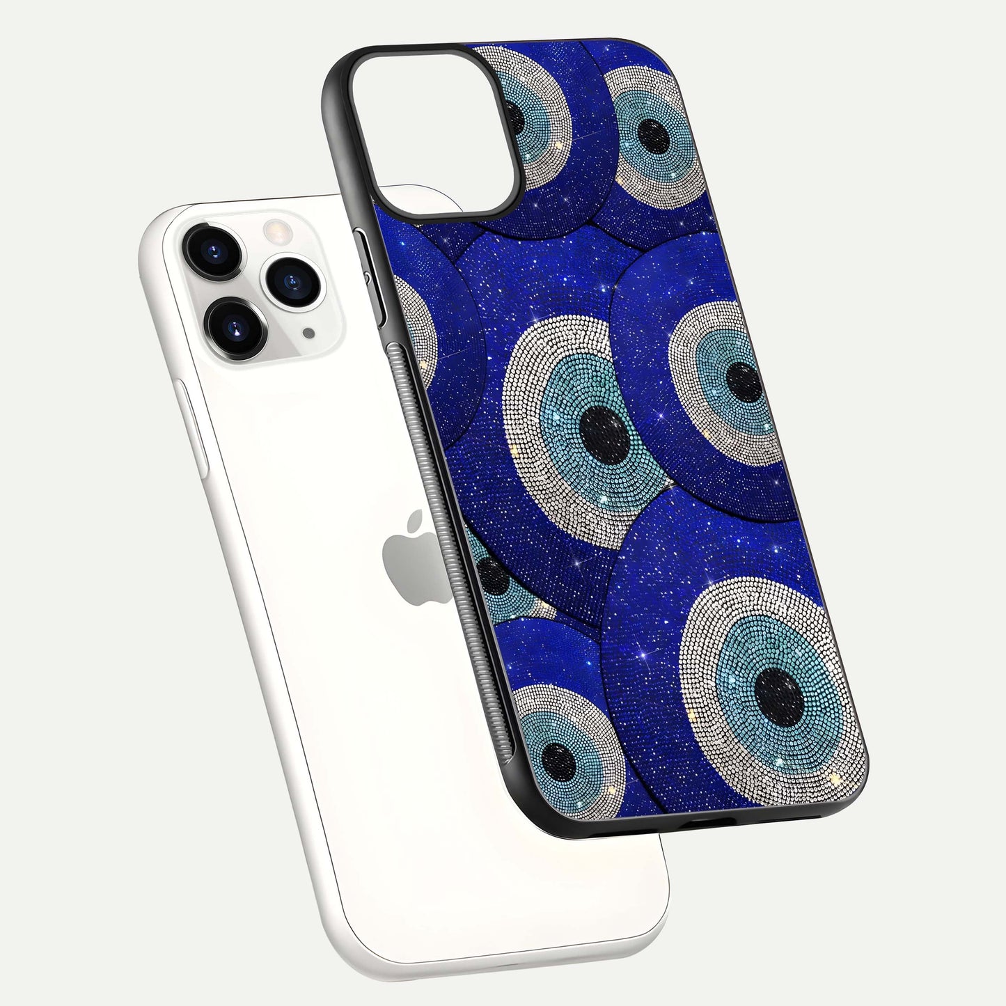 Galaxy Eye Flow Glass Case for iPhone 11 Pro floating dual-view mockup showing gloss polish and glowing tones