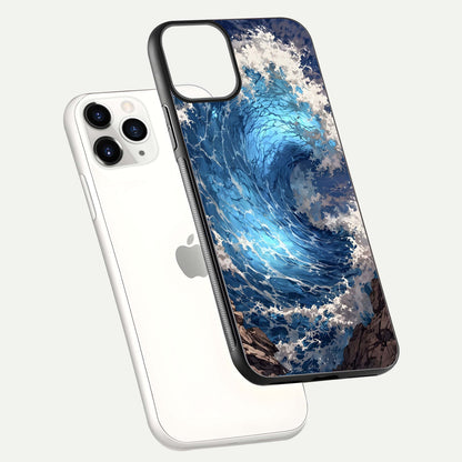Giant Ocean Wave Glass Case for iPhone 11 Pro floating dual-view mockup showing glossy depth and aquatic blue gradient