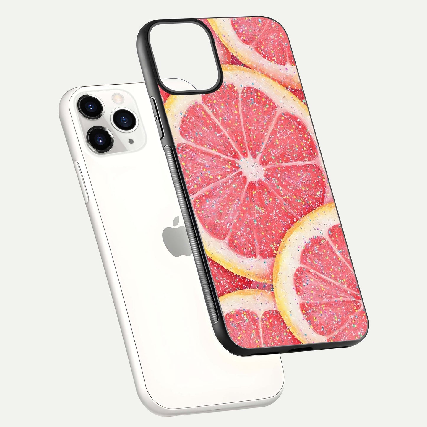 Glitter Grapefruit Glass Case for iPhone 11 Pro floating dual-view mockup showing HD gloss and fresh color detail