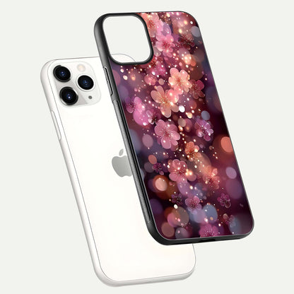 Glowing Petal Bliss Glass Case for iPhone 11 Pro floating dual-view mockup showing gloss brightness and delicate tone