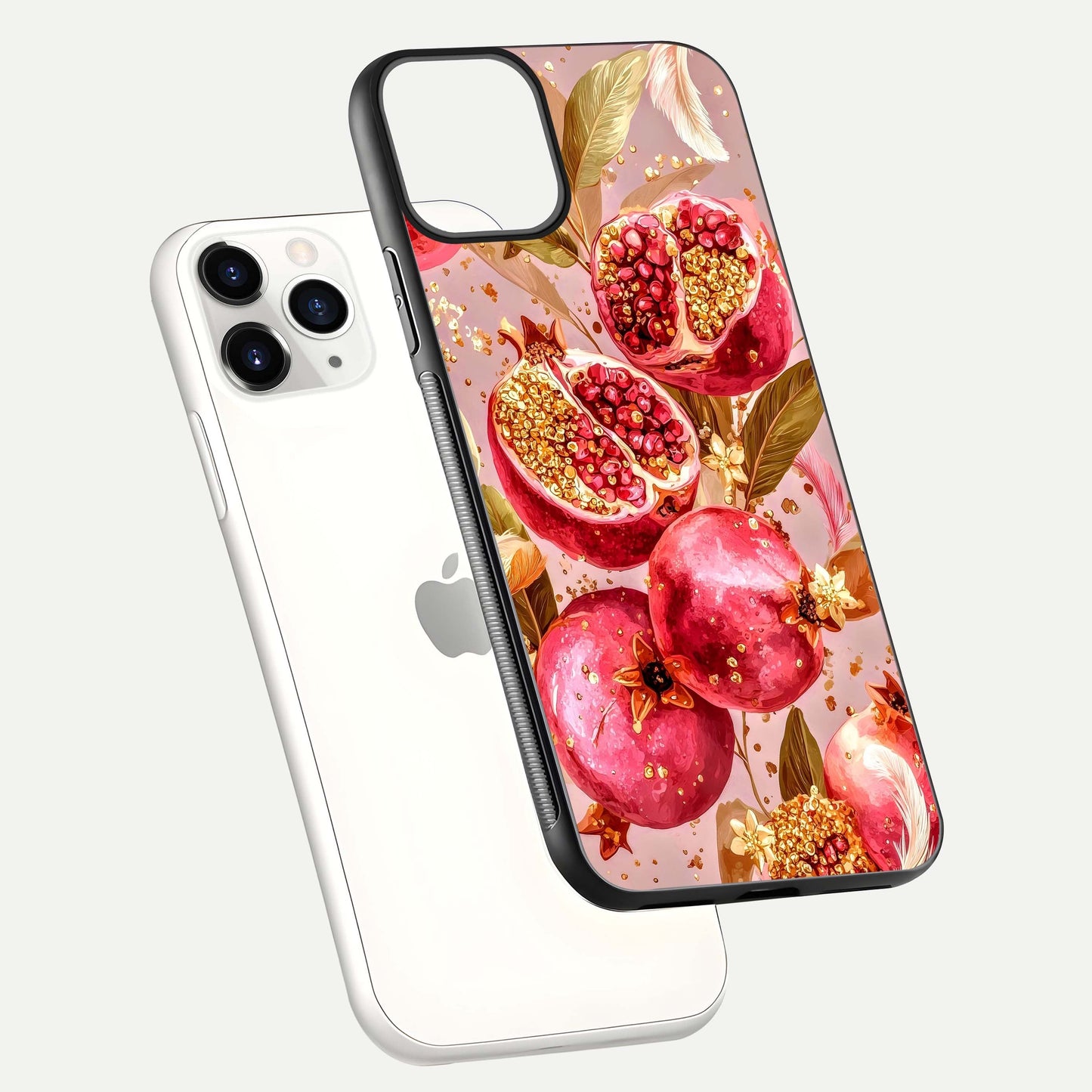 Golden Bloom Glow Glass Case for iPhone 11 Pro floating dual-view mockup showing glossy shine and golden shimmer