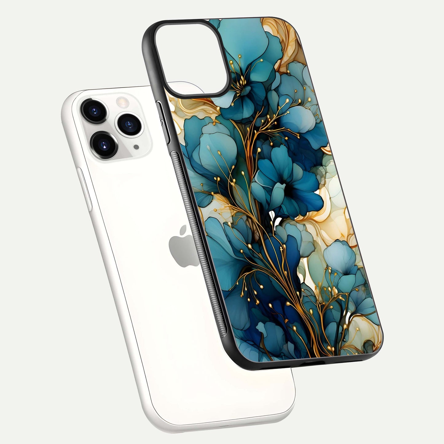 Golden Bloom Symphony Glass Case for iPhone 11 Pro floating dual-view mockup displaying shine texture and luxury pattern