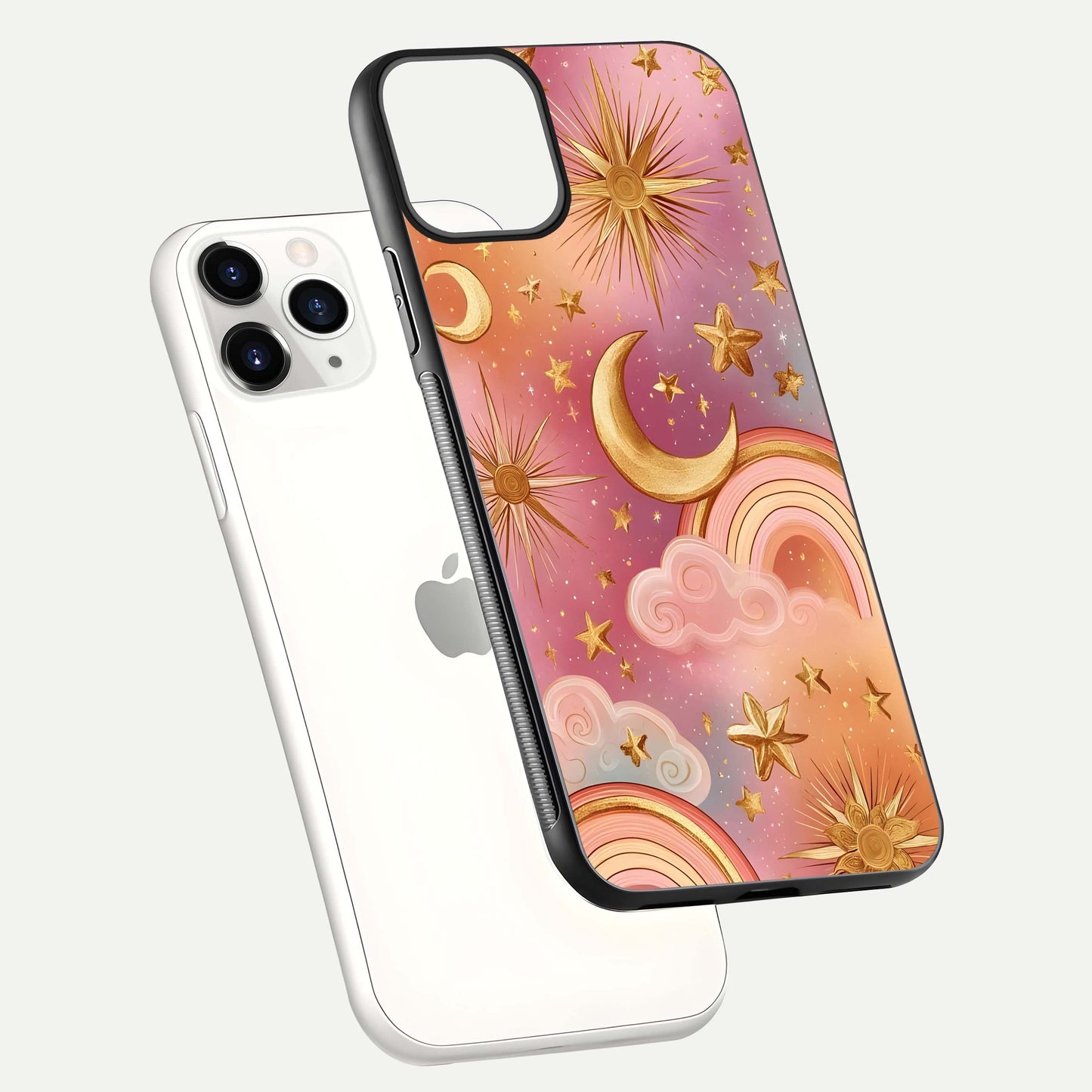 Golden Celestial Dreams Glass Case for iPhone 11 Pro floating dual-view mockup showing gloss surface and dream-like glow
