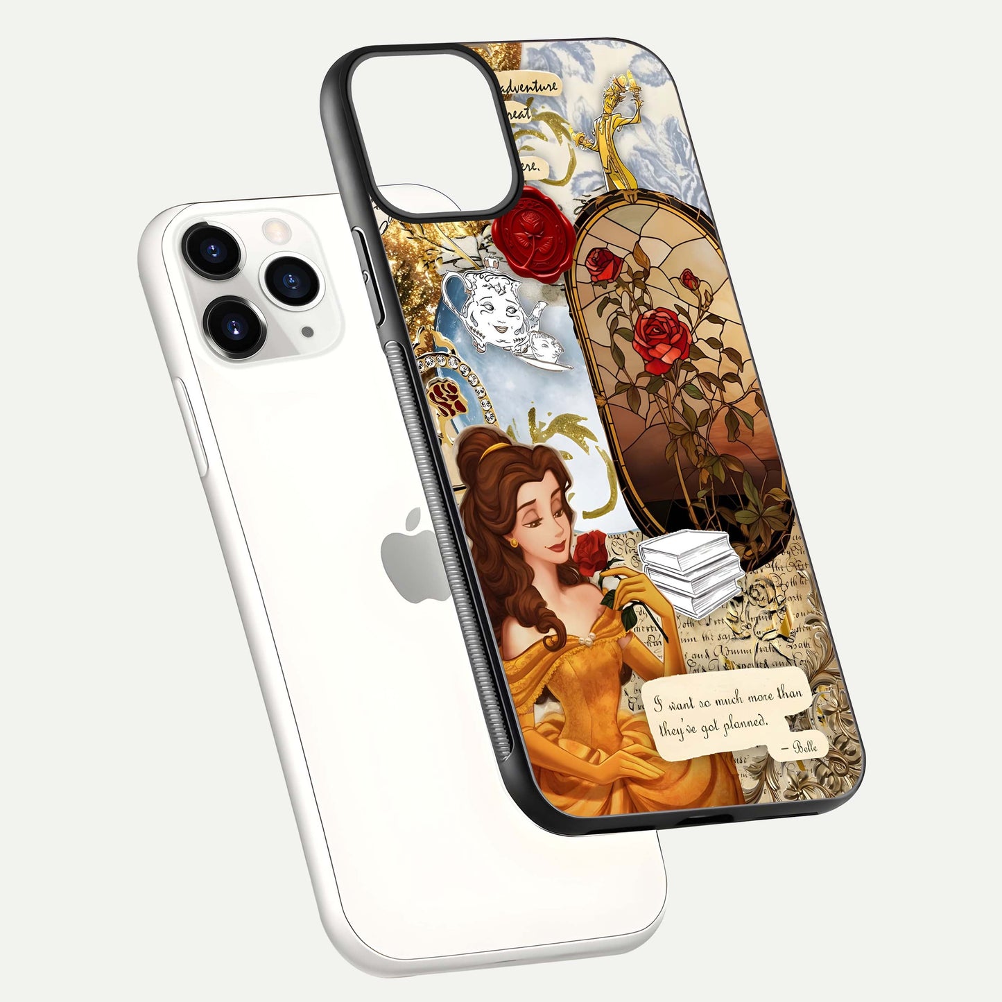Golden Dream Belle Glass Case for iPhone 11 Pro floating dual-view mockup highlighting gloss texture and elegant shimmer