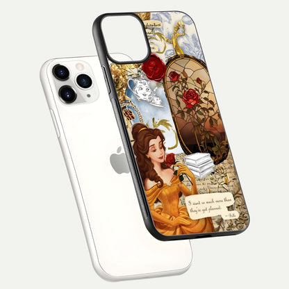 Golden Dream Belle Glass Case for iPhone 11 Pro floating dual-view mockup highlighting gloss texture and elegant shimmer
