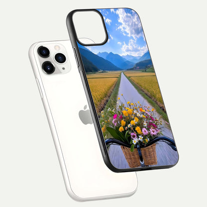 Golden Field Journey Glass Case for iPhone 11 Pro floating dual-view mockup showing gloss surface and field depth