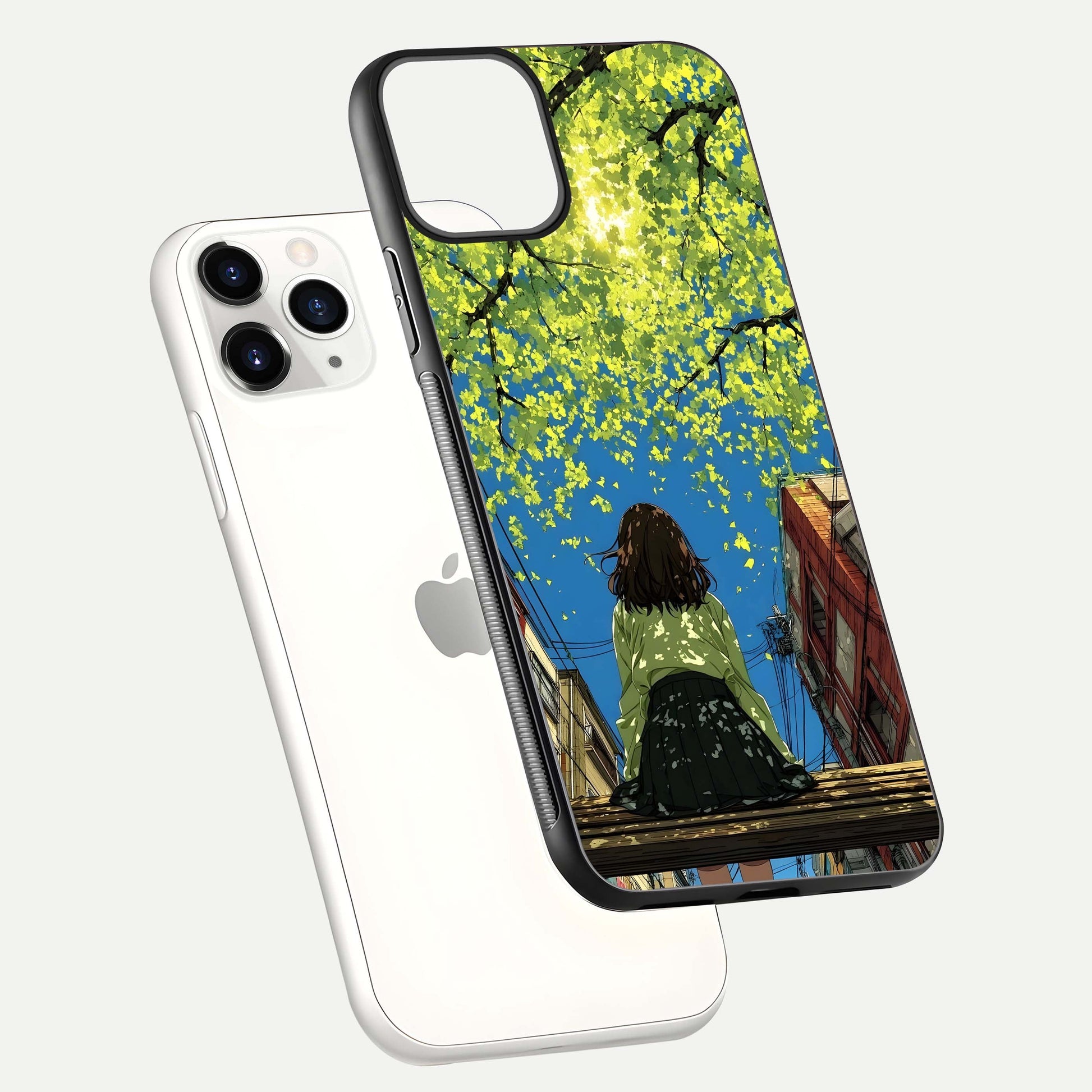 Golden Leaves Glow Glass Case for iPhone 11 Pro floating dual-view mockup showing gloss depth and gold-leaf detail