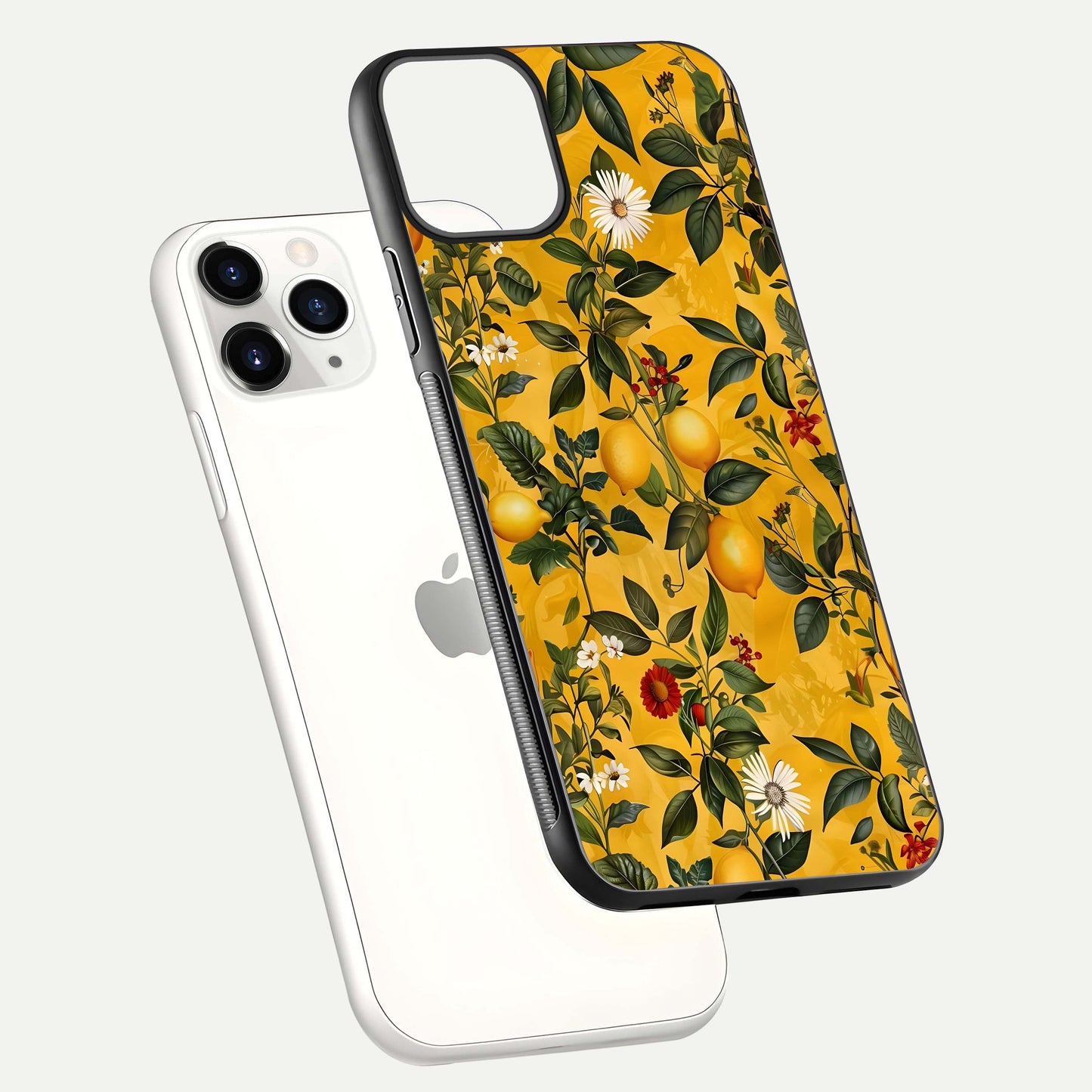 Golden Lemon Field Glass Case for iPhone 11 Pro floating dual-view mockup showing gloss shine and yellow-gold palette