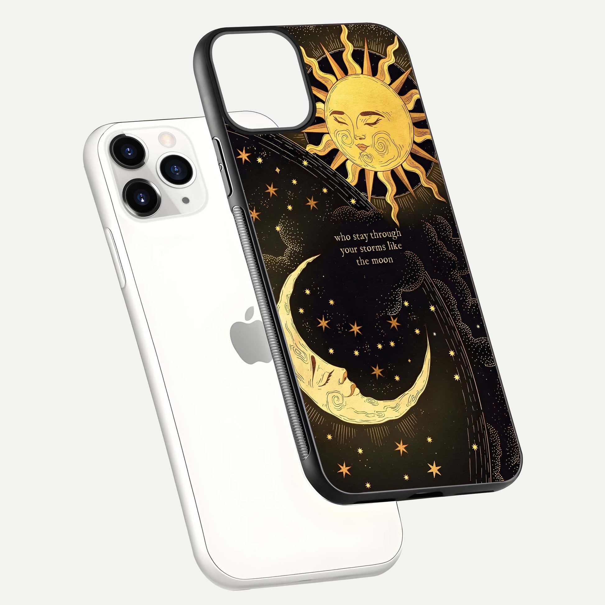 Golden Lunar Love Glass Case for iPhone 11 Pro floating dual-view mockup showing glossy glow and romantic theme