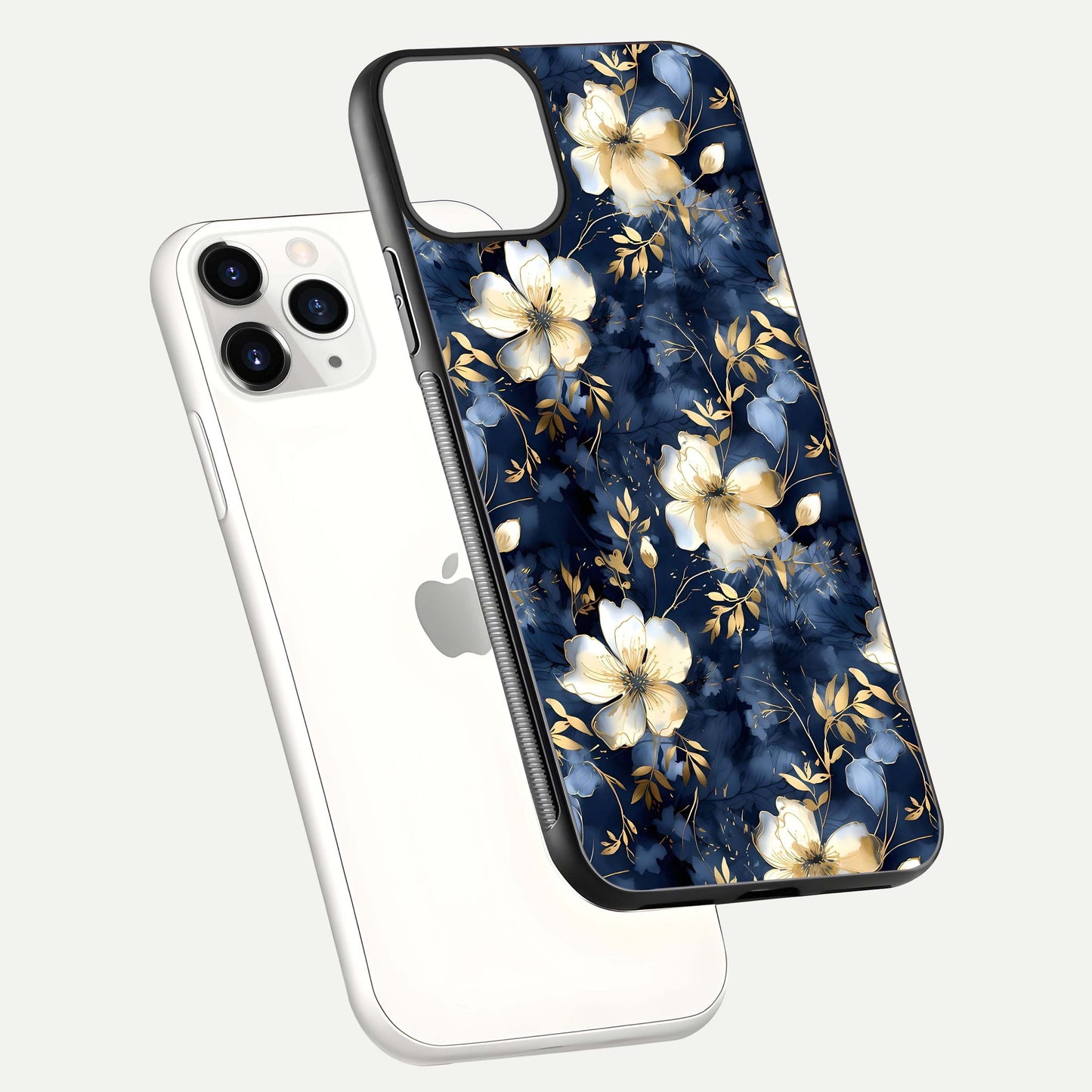 Golden Midnight Bloom Glass Case for iPhone 11 Pro floating dual-view mockup showing gloss polish and metallic reflection