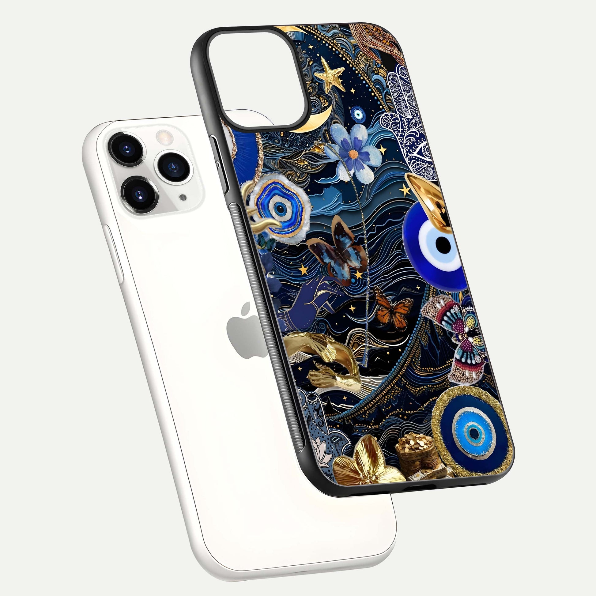 Golden Moon Magic Glass Case for iPhone 11 Pro floating dual-view mockup showing gloss texture and golden illumination