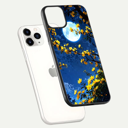 Golden Night Glow Glass Case for iPhone 11 Pro floating dual-view mockup showing gloss polish and luxury shine