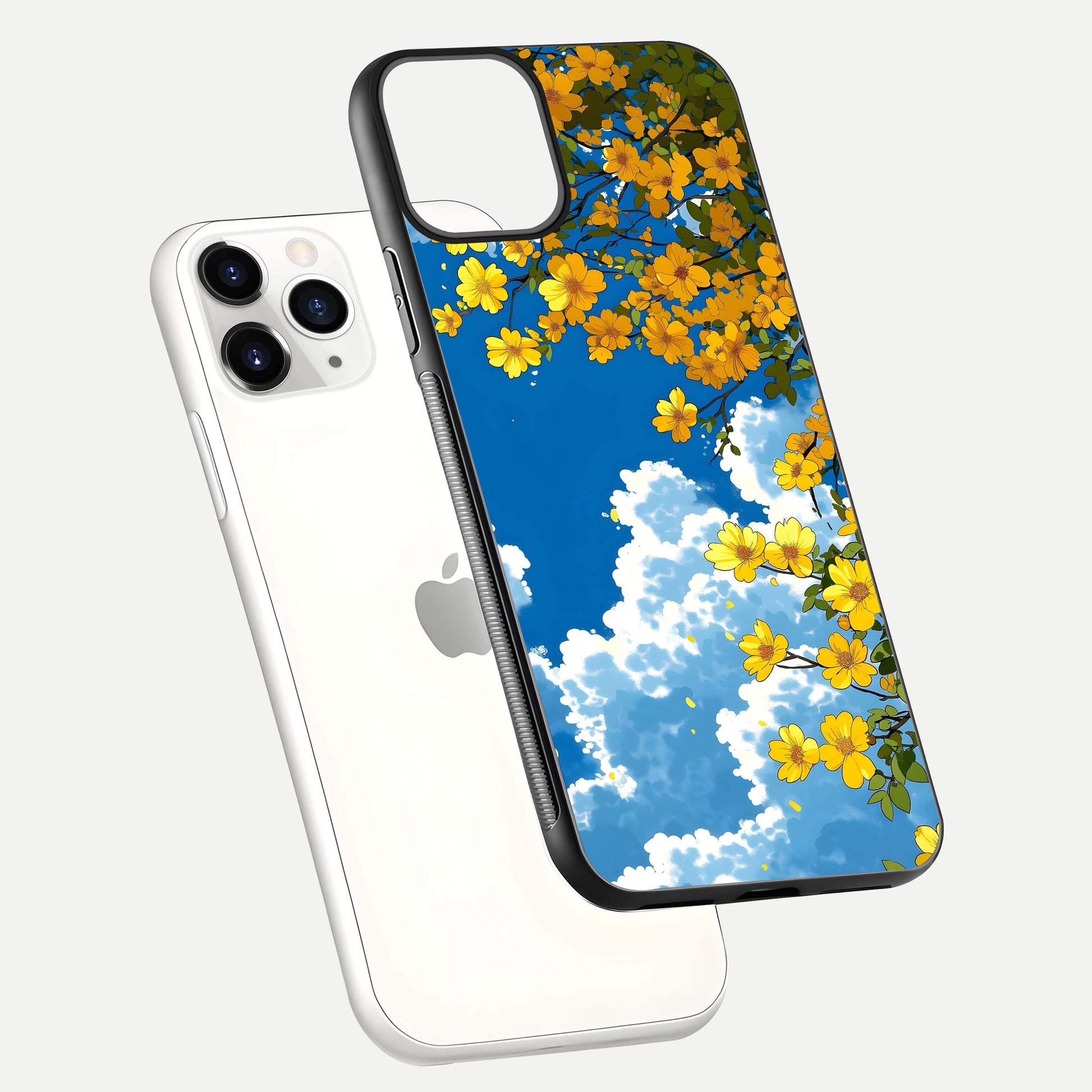 Golden Petal Sky Glass Case for iPhone 11 Pro floating dual-view mockup showing gloss brilliance and gold detail