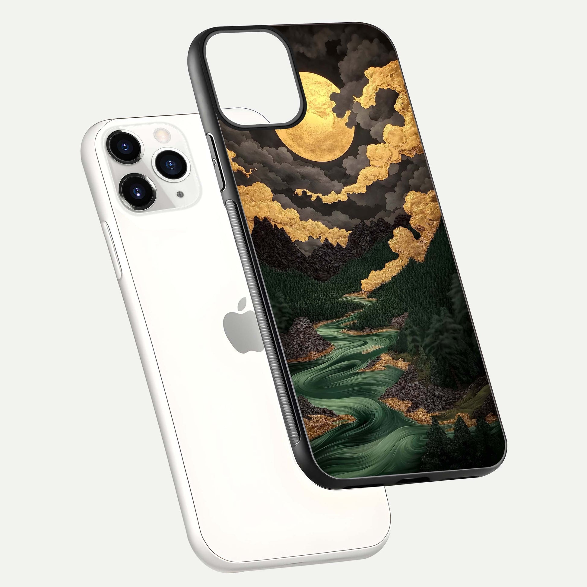 Golden River Moon Glass Case for iPhone 11 Pro floating dual-view mockup showing gloss surface and luxury tone