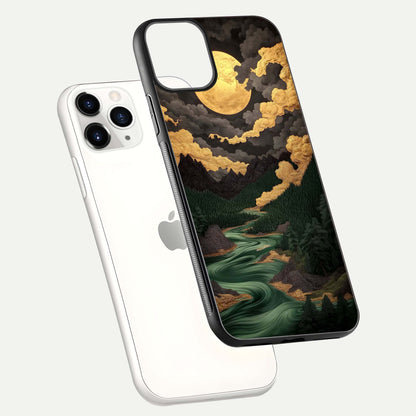 Golden River Moon Glass Case for iPhone 11 Pro floating dual-view mockup showing gloss surface and luxury tone
