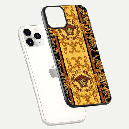 Golden Royal Heritage Glass Case for iPhone 11 Pro floating dual-view mockup showing glossy surface and rich regal tone
