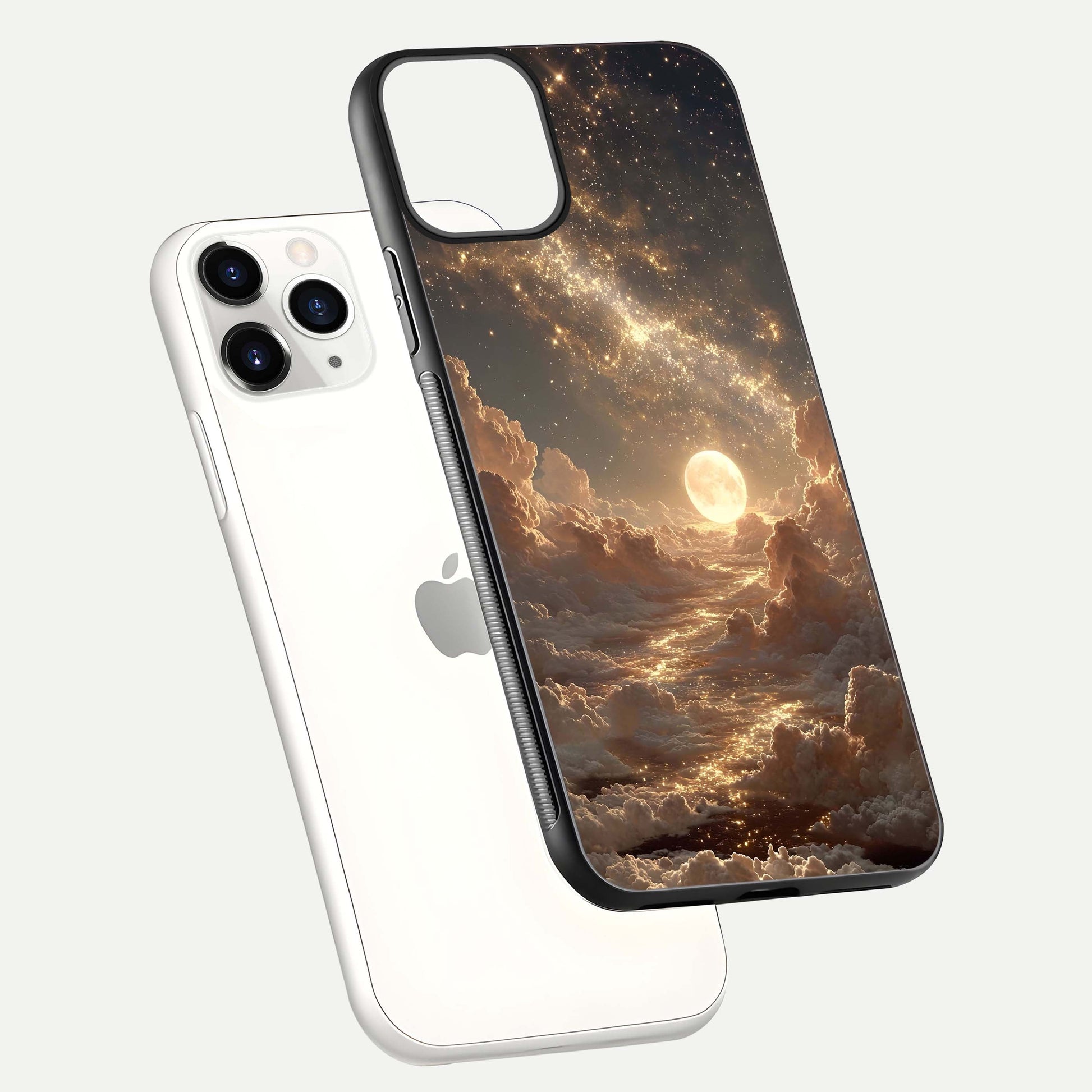 Golden Sky Dream Glass Case for iPhone 11 Pro floating dual-view mockup showing gloss depth and elegant finish