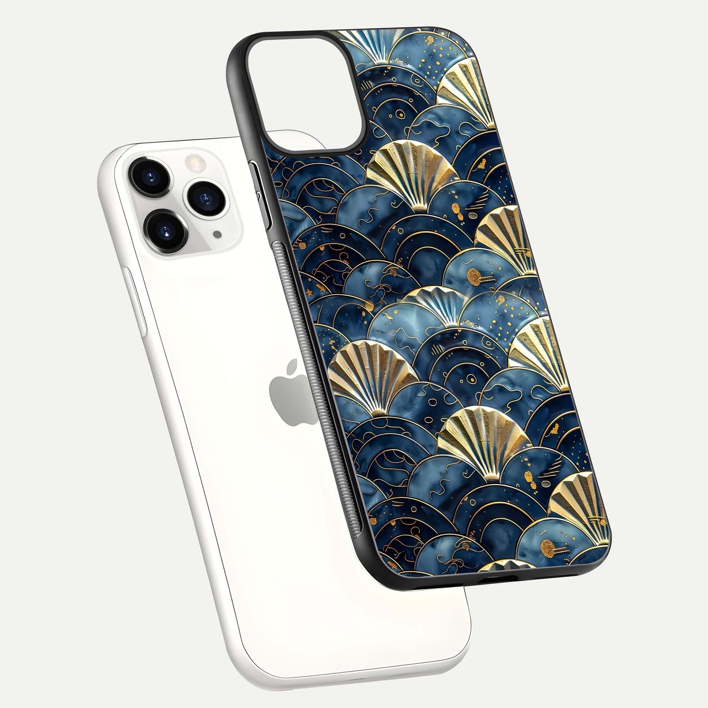 Golden Wave Luxe Glass Case for iPhone 11 Pro floating dual-view mockup showing gloss surface and shimmering tones