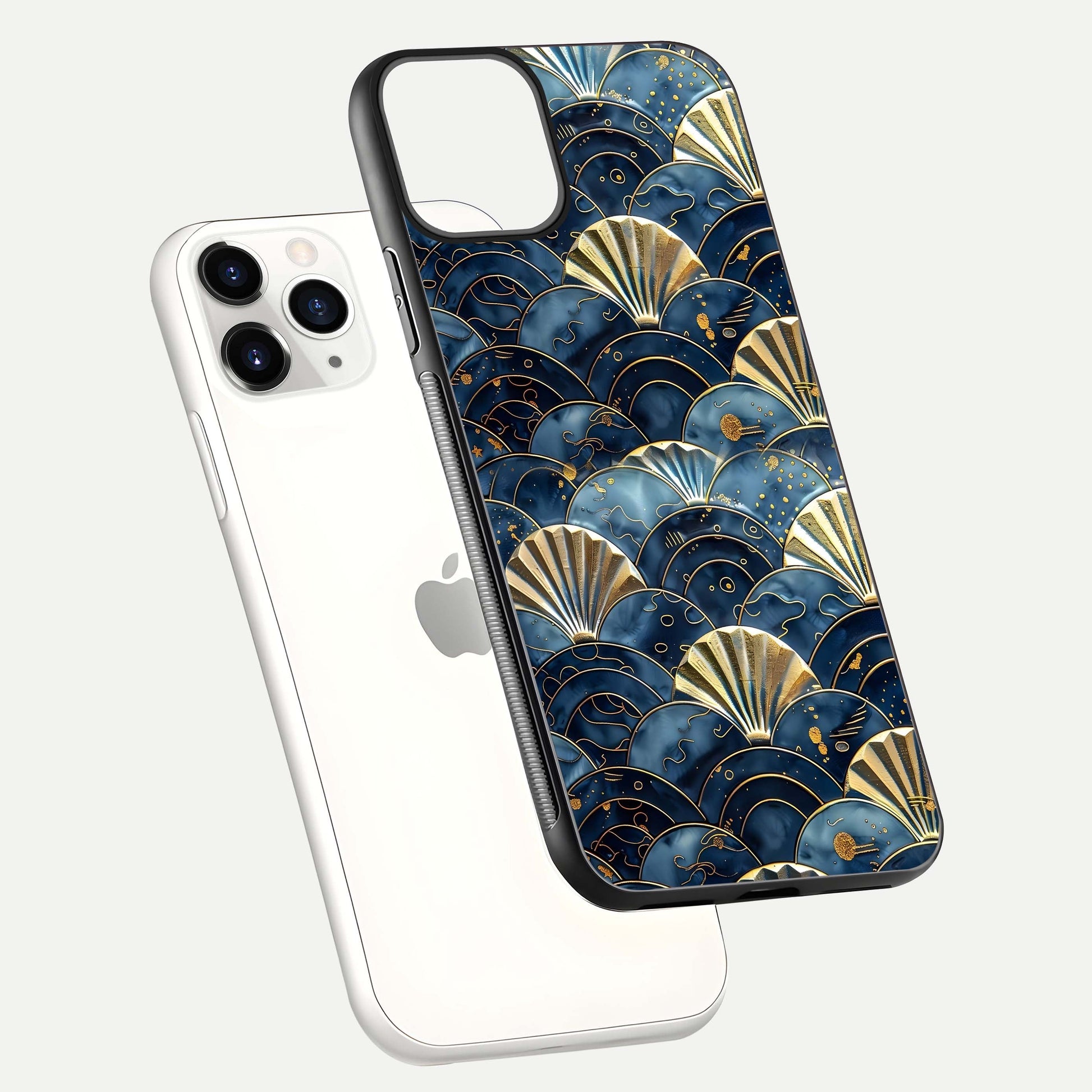 Golden Wave Luxe Glass Case for iPhone 11 Pro floating dual-view mockup showing gloss surface and shimmering tones