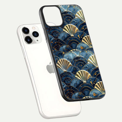 Golden Wave Luxe Glass Case for iPhone 11 Pro floating dual-view mockup showing gloss surface and shimmering tones