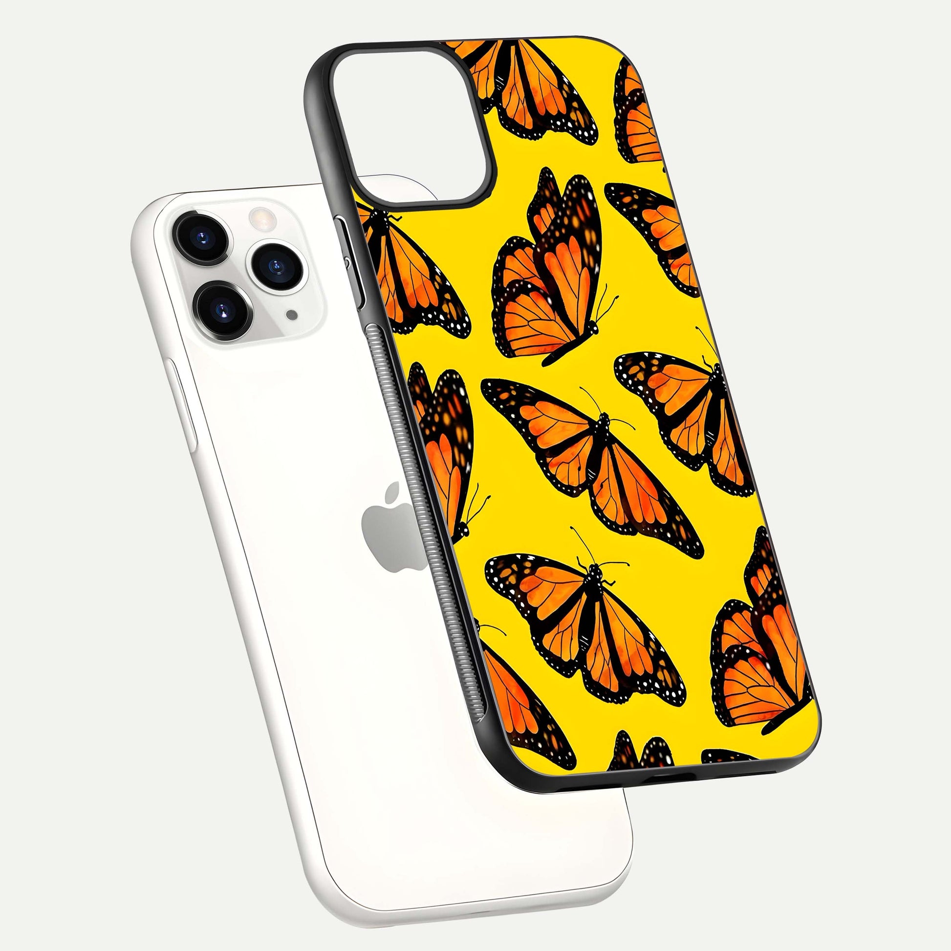 Golden Wing Flight Glass Case for iPhone 11 Pro floating dual-view mockup showing gloss reflection and luxury tone