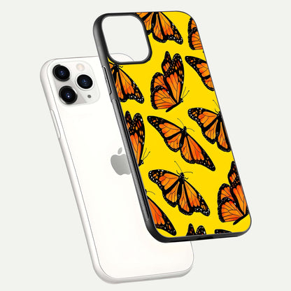 Golden Wing Flight Glass Case for iPhone 11 Pro floating dual-view mockup showing gloss reflection and luxury tone