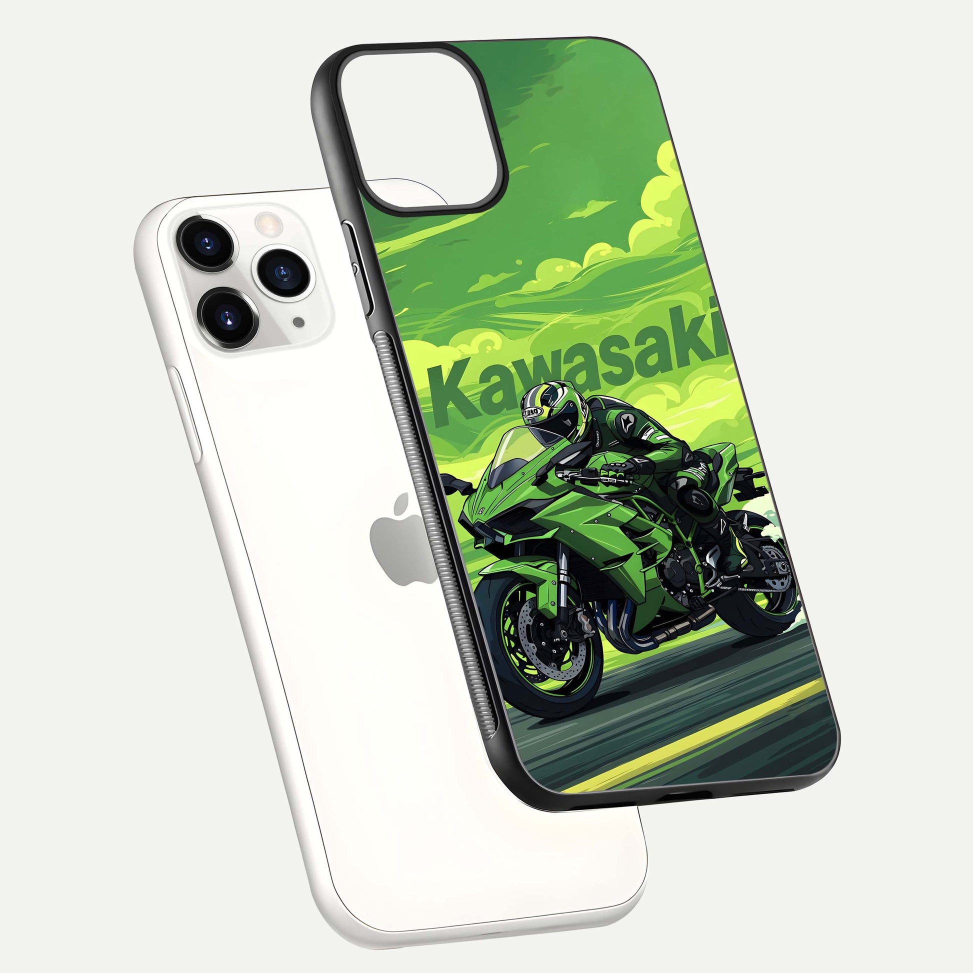 Green Kawasaki Glass Case for iPhone 11 Pro floating dual-view mockup showing gloss surface and power-bike theme