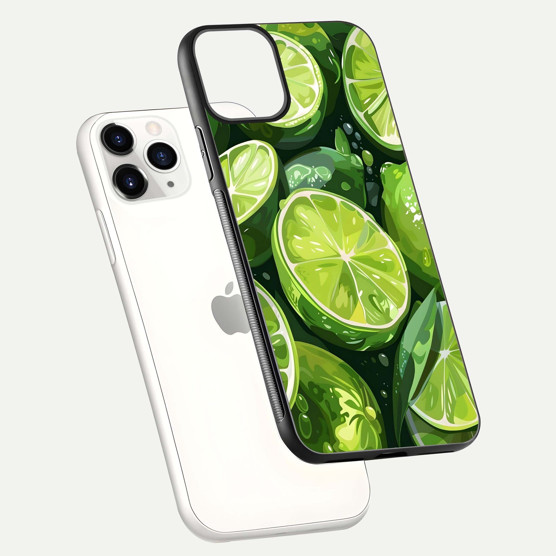 Green Lemon Glass Case for iPhone 11 Pro floating dual-view mockup showing glossy surface and fruity freshness