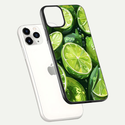 Green Lemon Glass Case for iPhone 11 Pro floating dual-view mockup showing glossy surface and fruity freshness