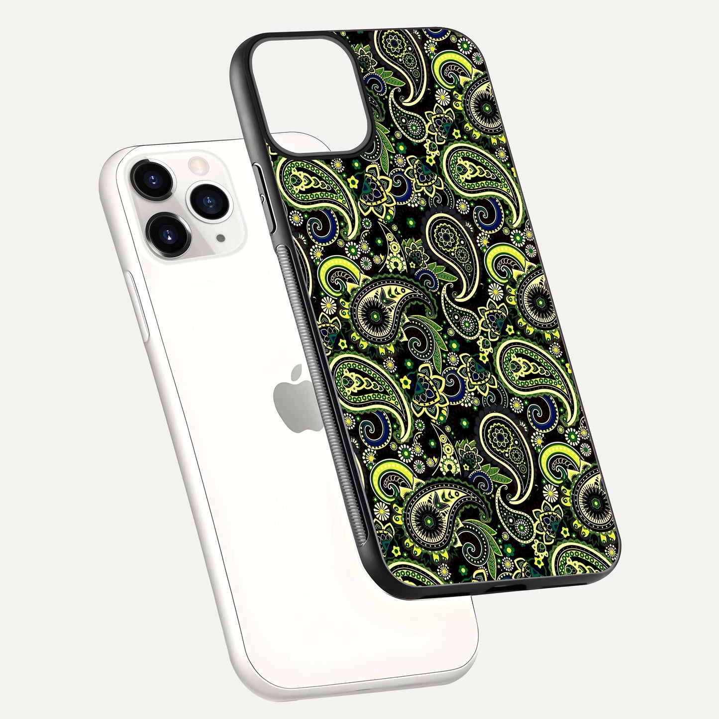 Green Mandala Pattern Glass Case for iPhone 11 Pro floating dual-view mockup showing gloss texture and symmetry shine