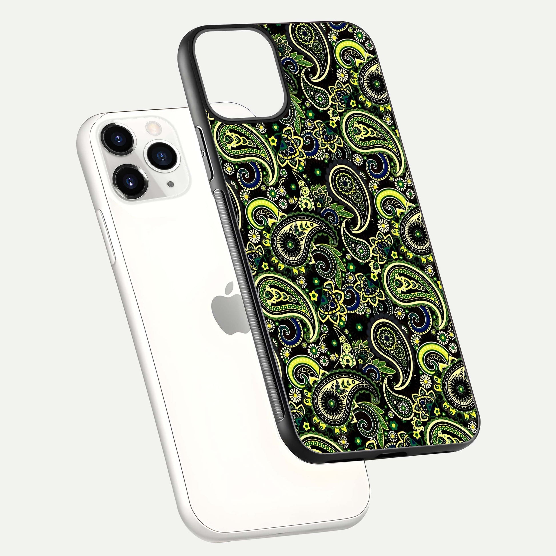 Green Mandala Pattern Glass Case for iPhone 11 Pro floating dual-view mockup showing gloss texture and symmetry shine