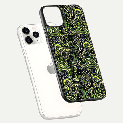 Green Mandala Pattern Glass Case for iPhone 11 Pro floating dual-view mockup showing gloss texture and symmetry shine