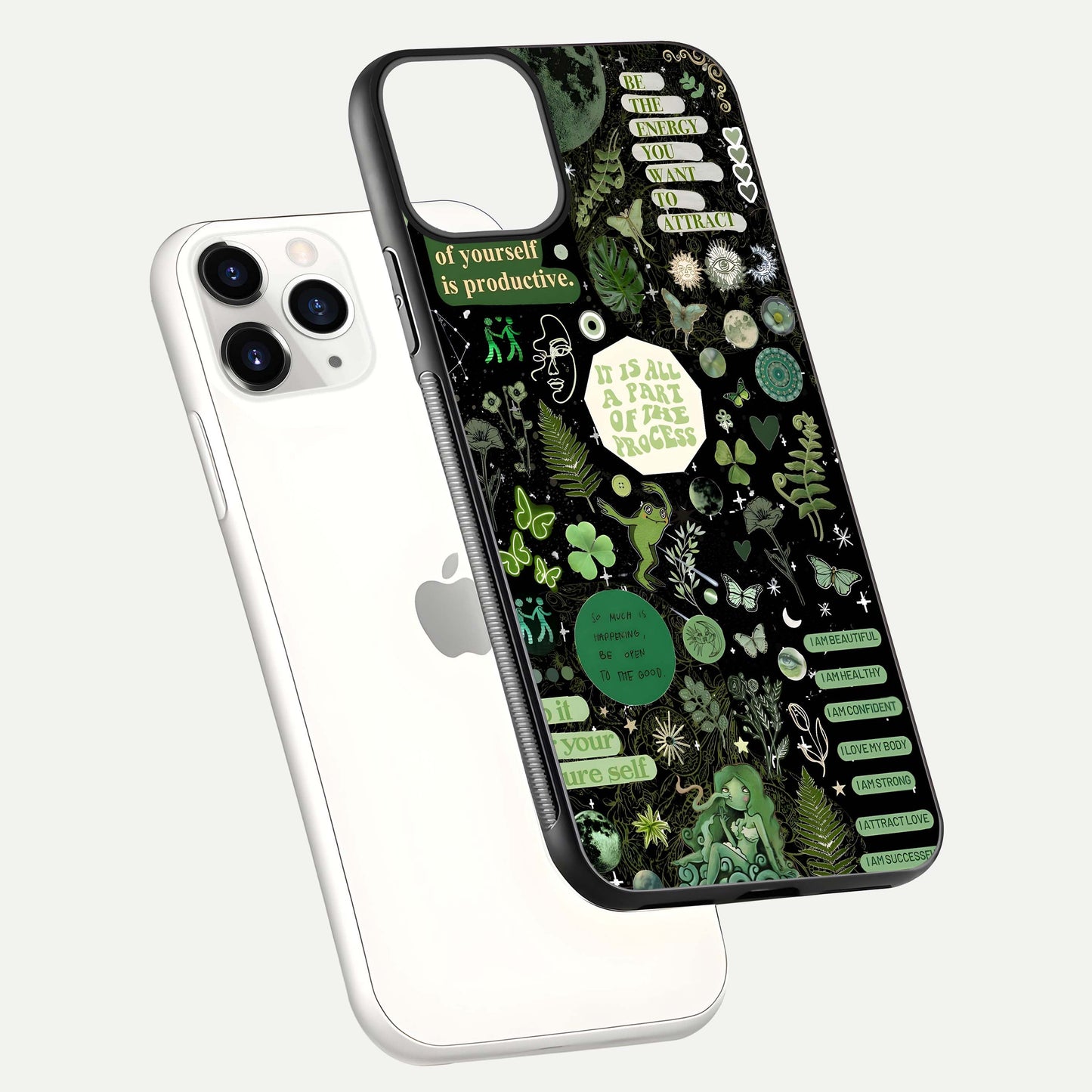 Green Moon Energy Glass Case for iPhone 11 Pro floating dual-view mockup showing glossy texture and energy aura