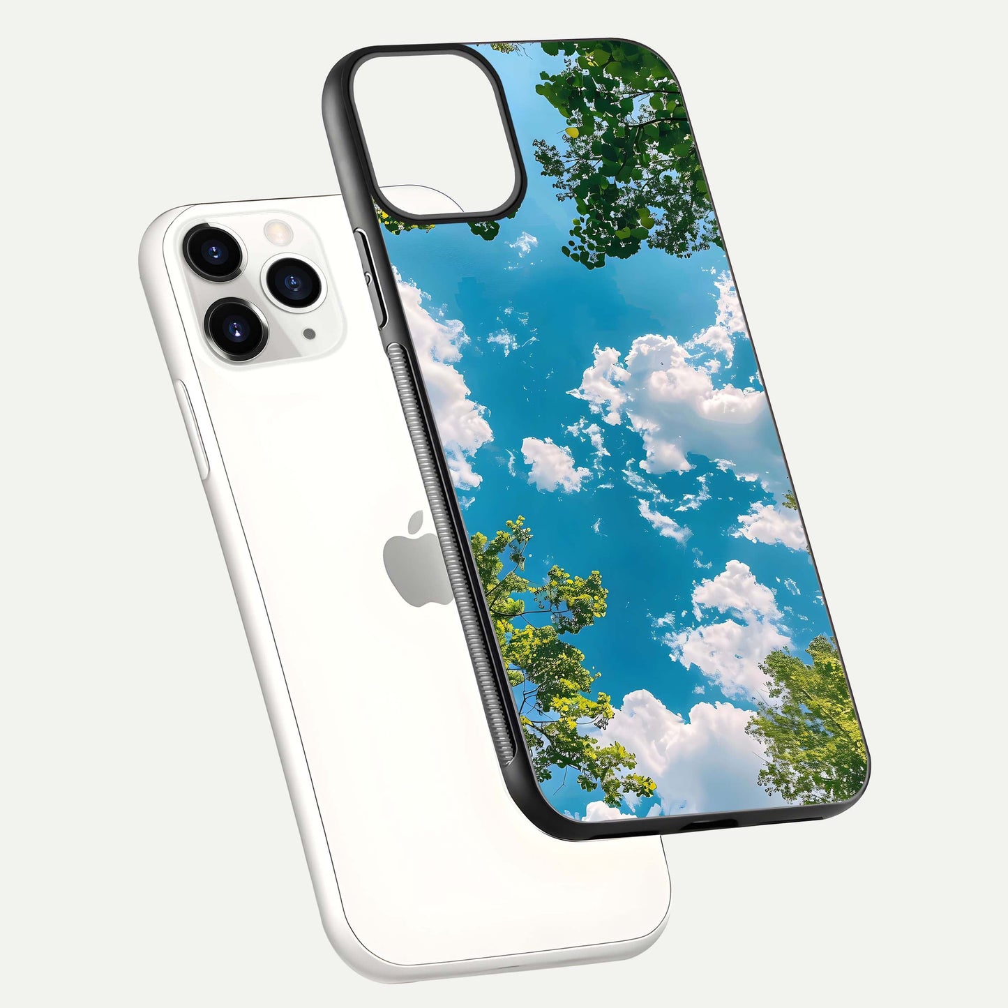 Greenery Sky Glass Case for iPhone 11 Pro floating dual-view mockup showing glossy shine and soft natural tones
