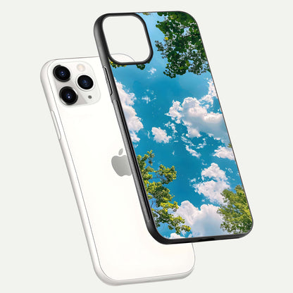 Greenery Sky Glass Case for iPhone 11 Pro floating dual-view mockup showing glossy shine and soft natural tones