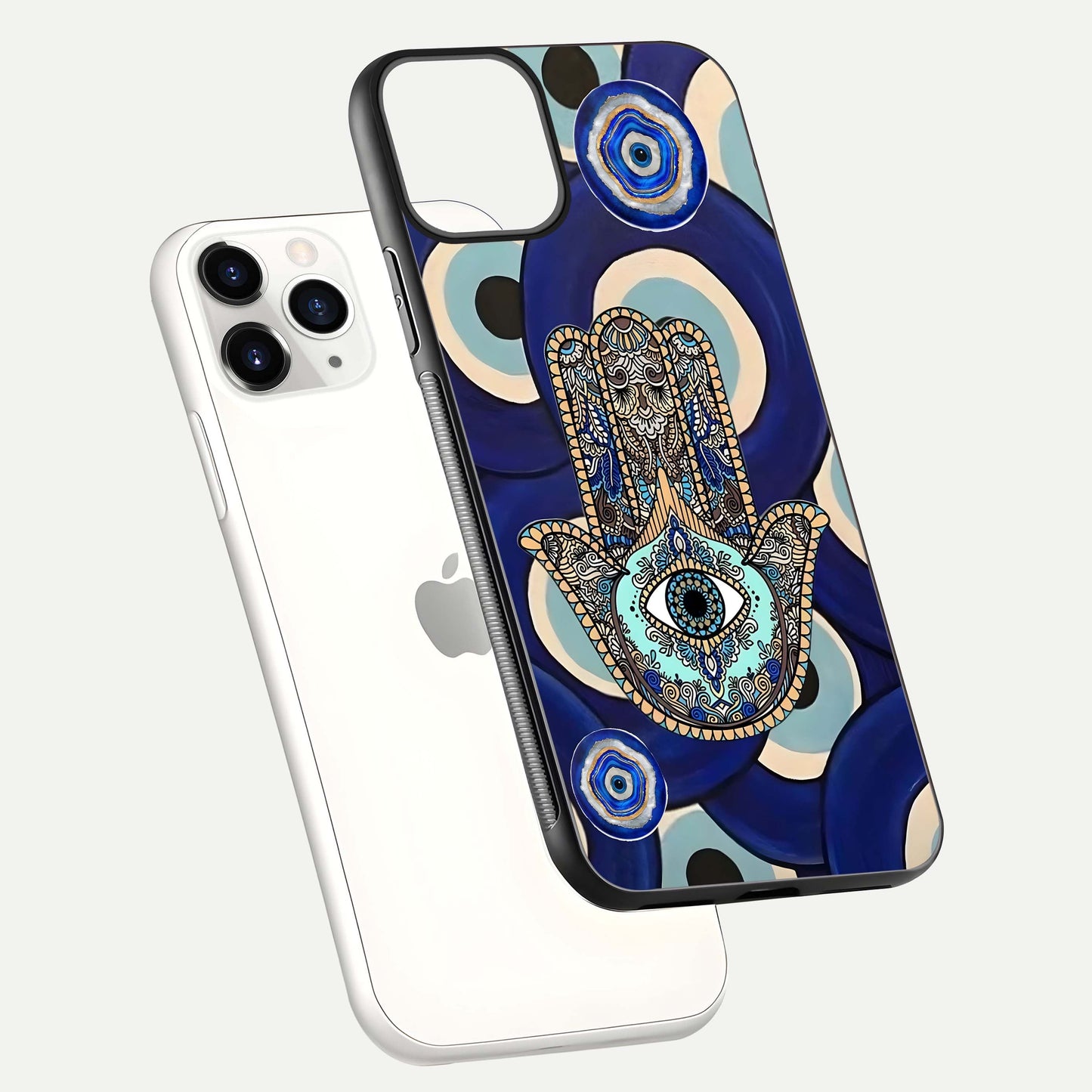 Hamsa Divine Guard Glass Case for iPhone 11 Pro floating dual-view mockup showing gloss shine and mystical pattern