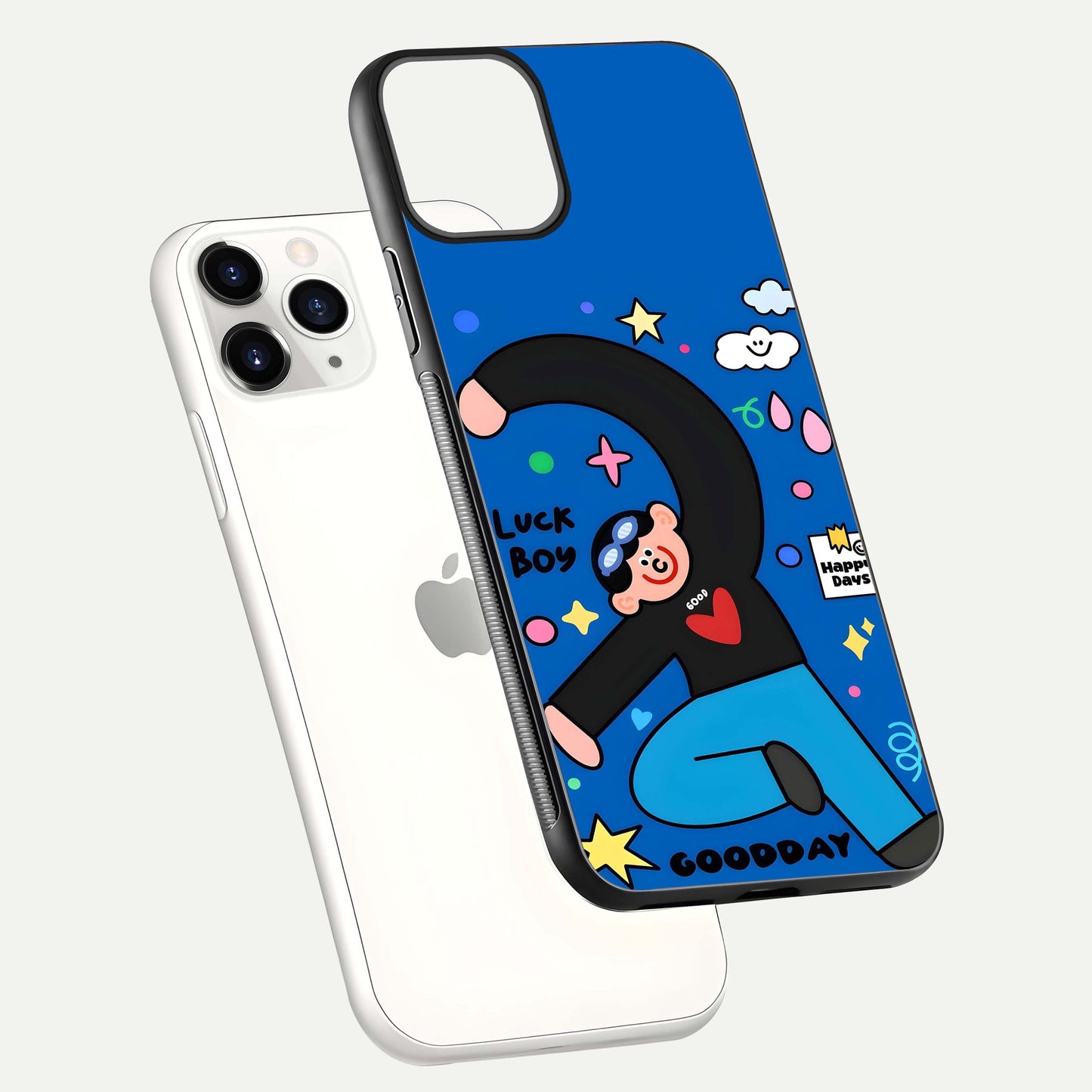 Happy Luck Vibe Glass Case for iPhone 11 Pro floating dual-view mockup showing glossy tone and bright finish