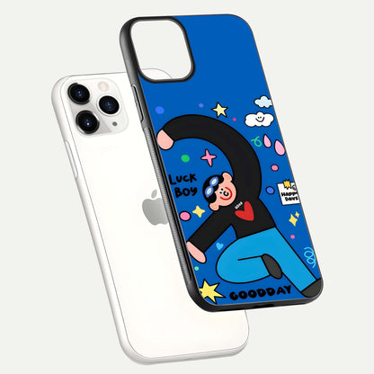 Happy Luck Vibe Glass Case for iPhone 11 Pro floating dual-view mockup showing glossy tone and bright finish