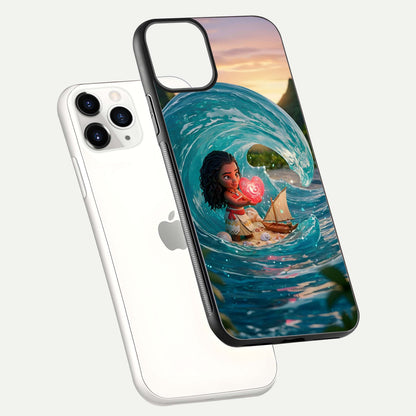 Heart of Ocean Glass Case for iPhone 11 Pro floating dual-view mockup showing gloss surface and aquatic design