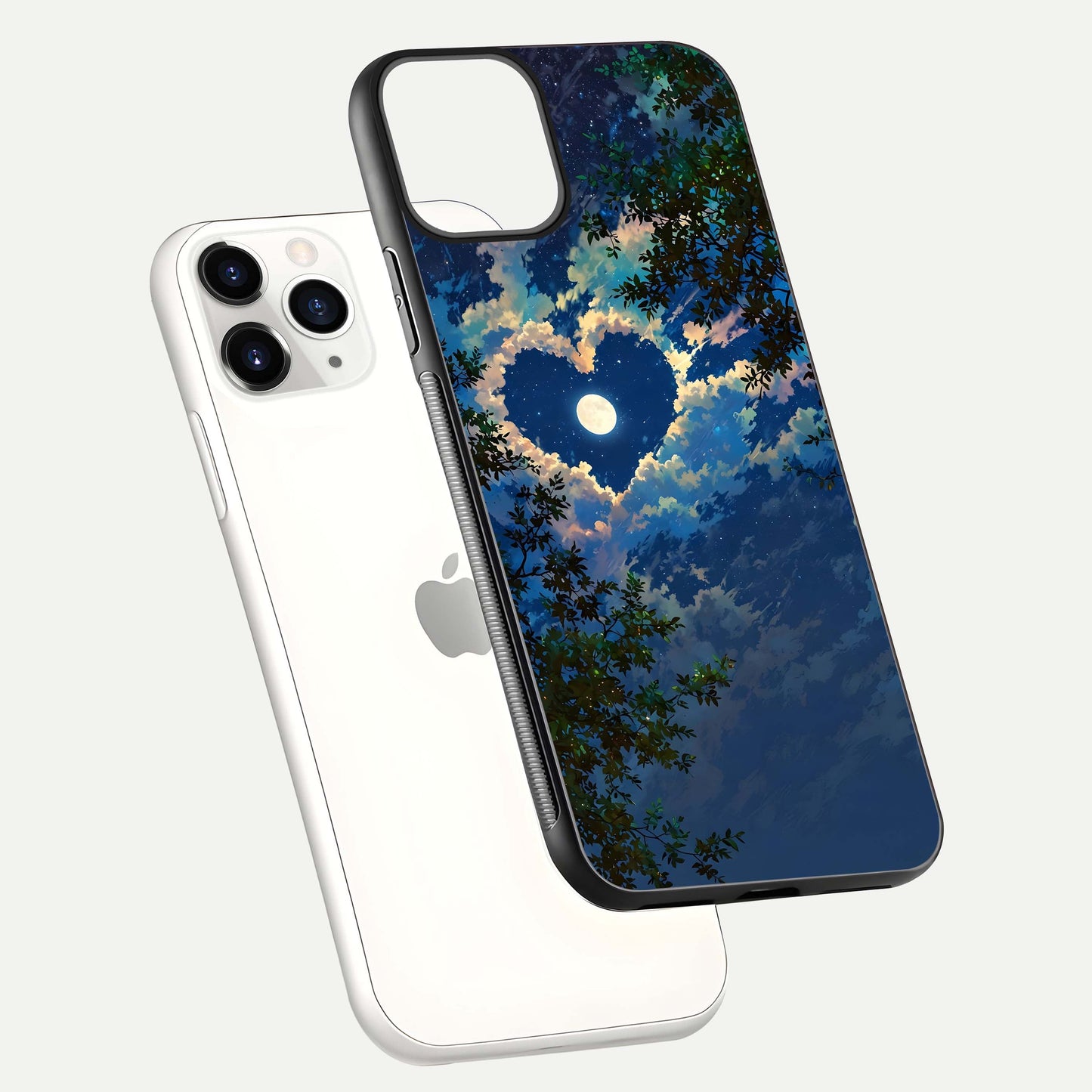 Heart with Moon Sky Glass Case for iPhone 11 Pro floating dual-view mockup showing gloss texture and romantic sky glow