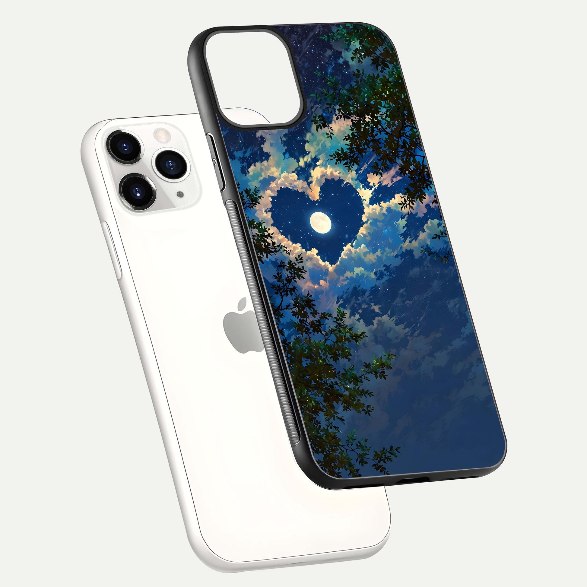 Heart with Moon Sky Glass Case for iPhone 11 Pro floating dual-view mockup showing gloss texture and romantic sky glow