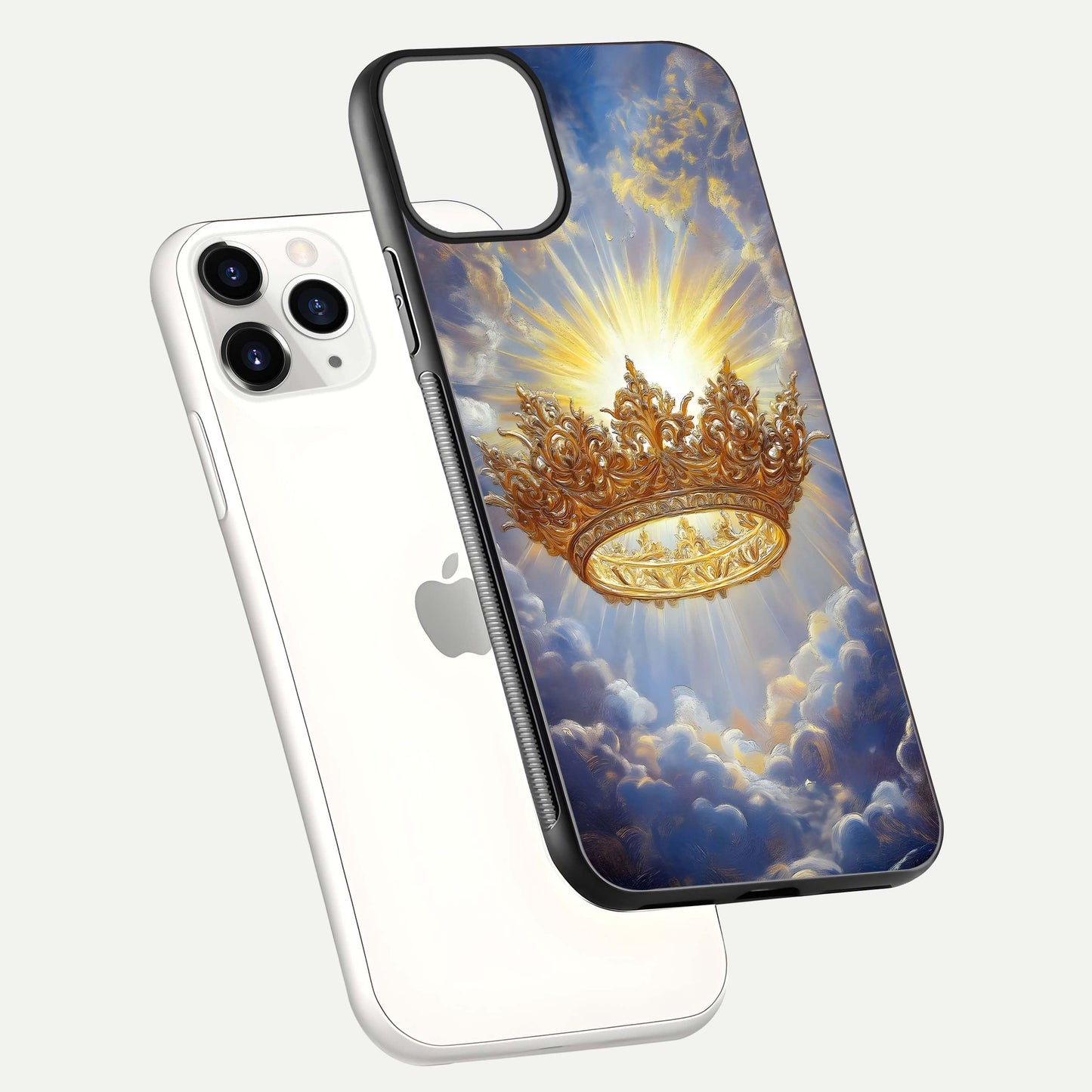 Heavenly Crown Light Glass Case for iPhone 11 Pro floating dual-view mockup showing gloss shine and luminous crown texture