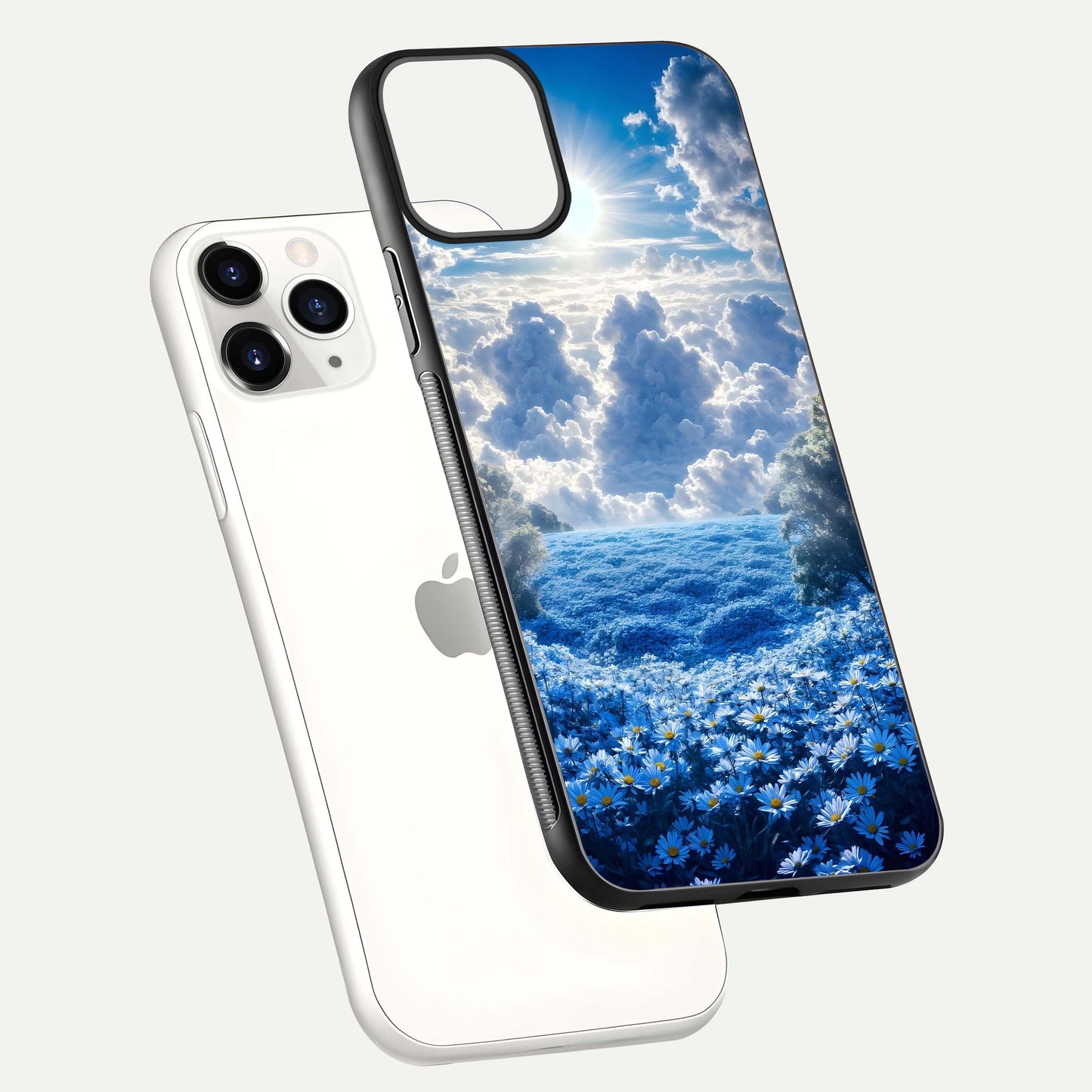 Heavenly Daisy Horizon Glass Case for iPhone 11 Pro floating dual-view mockup showing gloss polish and soft pastel background