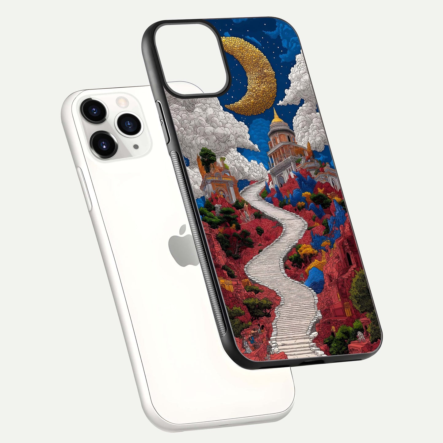 Heavenly Moon Path Glass Case for iPhone 11 Pro floating dual-view mockup showing gloss surface and celestial pathway